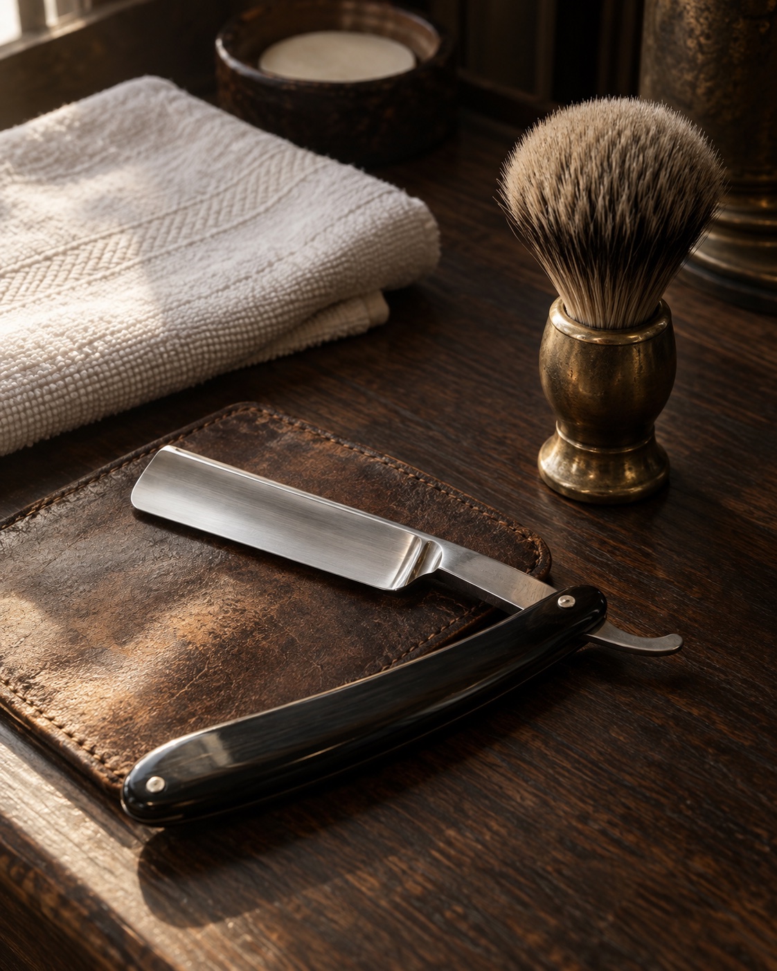 Illustrative still life of traditional barber tools on dark wood