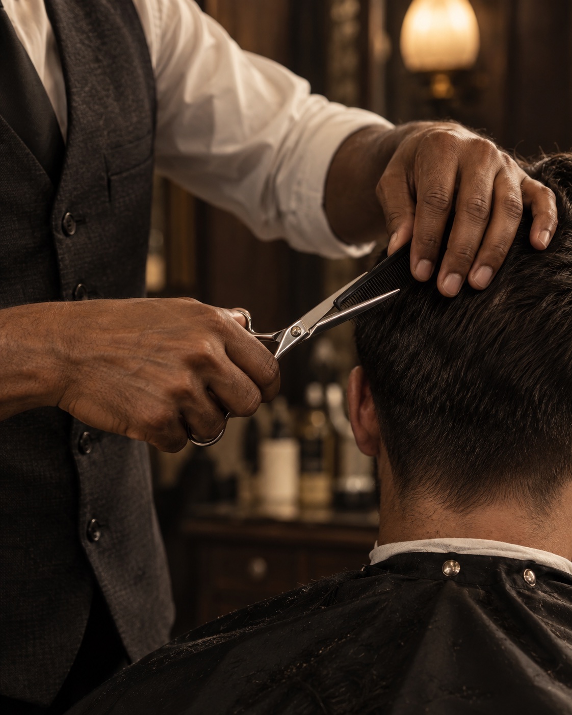 Illustrative close-up of scissors and comb in a barber’s hands